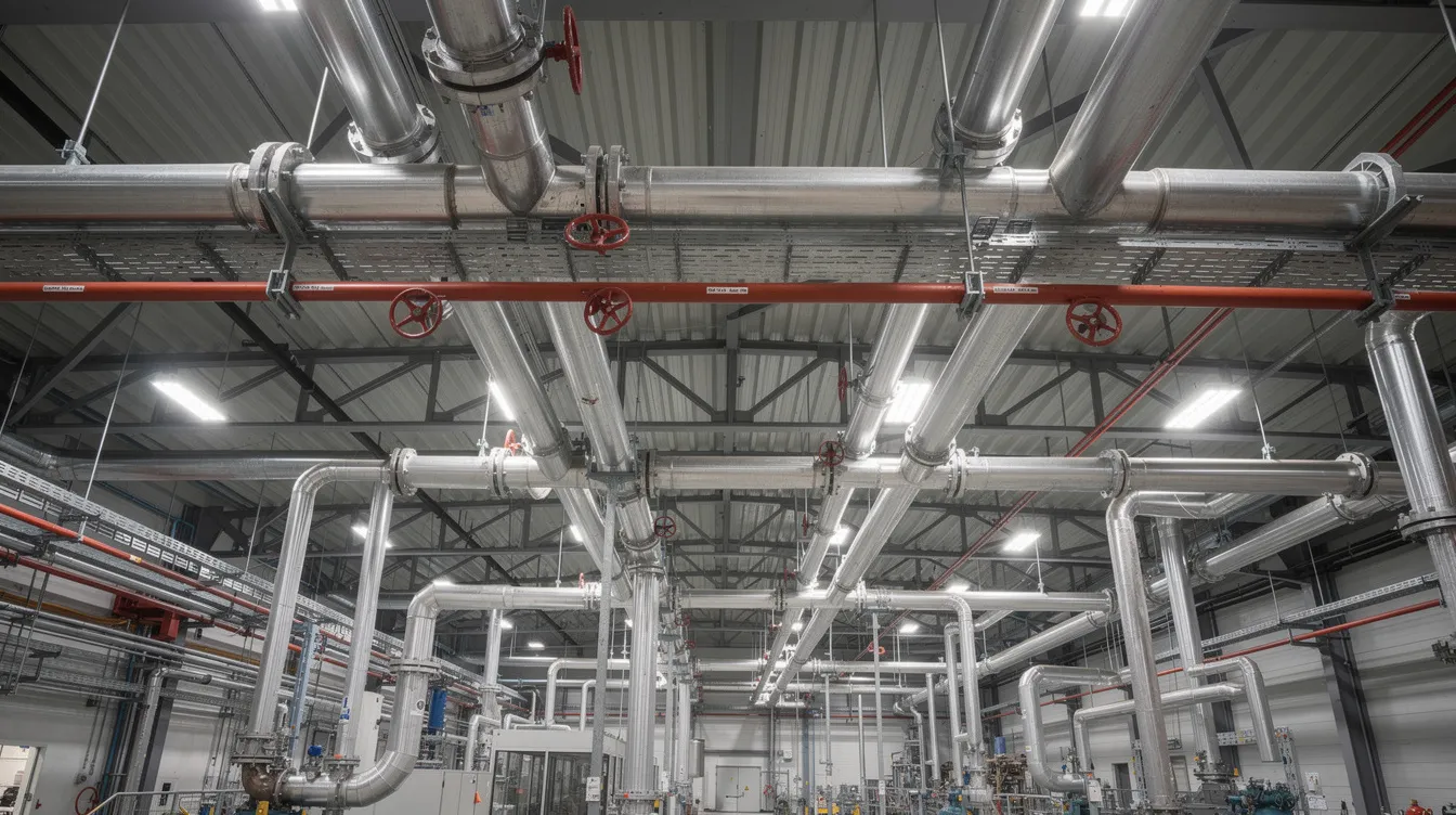 Büyük bir sanayi tesisinin tavanında, çelik borular, sprinkler başlıkları ve basınçlı hava tesisatının bulunduğu bir endüstriyel iç mekan görüntüsü yer alıyor. Bu sistemler, güvenlik ve işletme açısından önemli bir rol oynamaktadır.
