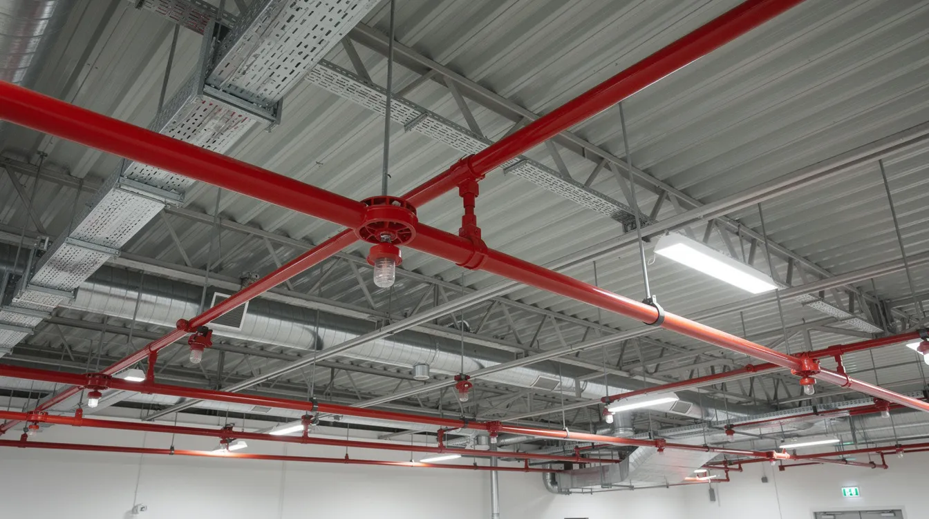 Endüstriyel bir tavan yapısında yer alan kırmızı renkli sprinkler başlıkları ve yangın boru hatları, yangın güvenliği sistemlerinin önemli bir parçasını oluşturur. Bu sistemler, olası yangın durumlarında hızlı müdahale sağlamak için tasarlanmıştır.