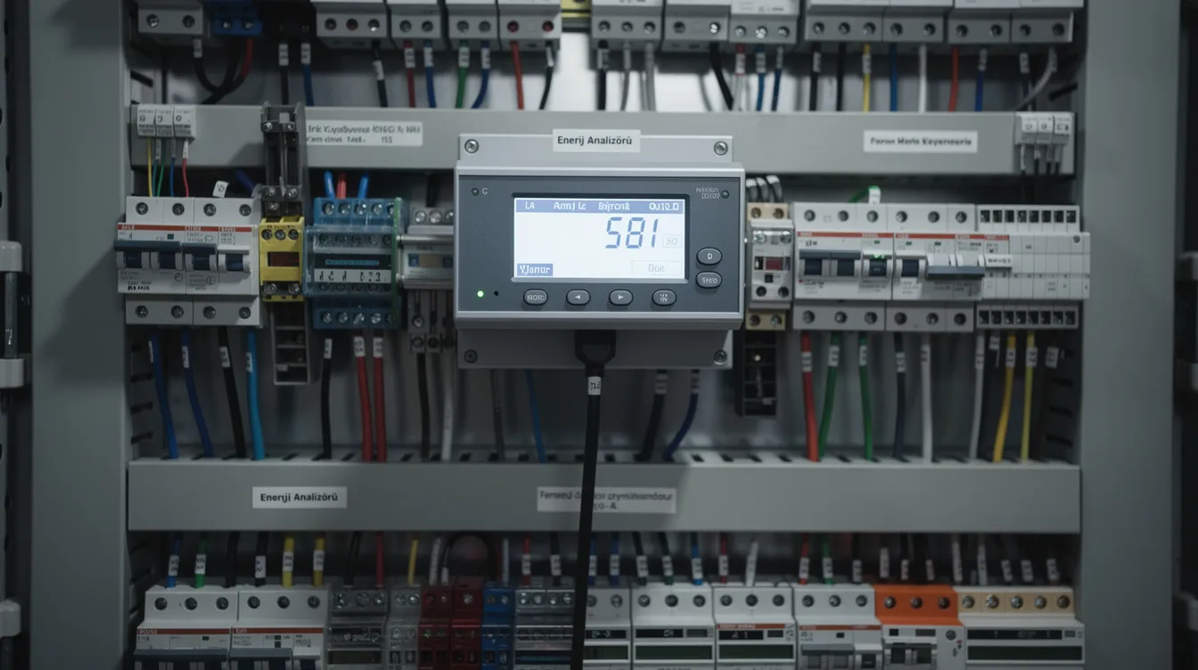 Endüstriyel elektrik panosunun, enerji analizörü ve kablolama detaylarının yer aldığı yakın çekim fotoğrafta, enerji verimliliği uygulamaları için önemli bileşenler gözler önüne serilmektedir. Bu görüntü, tesislerde enerji tüketimini optimize etme ve enerji tasarrufu sağlama açısından kritik bir öneme sahiptir.